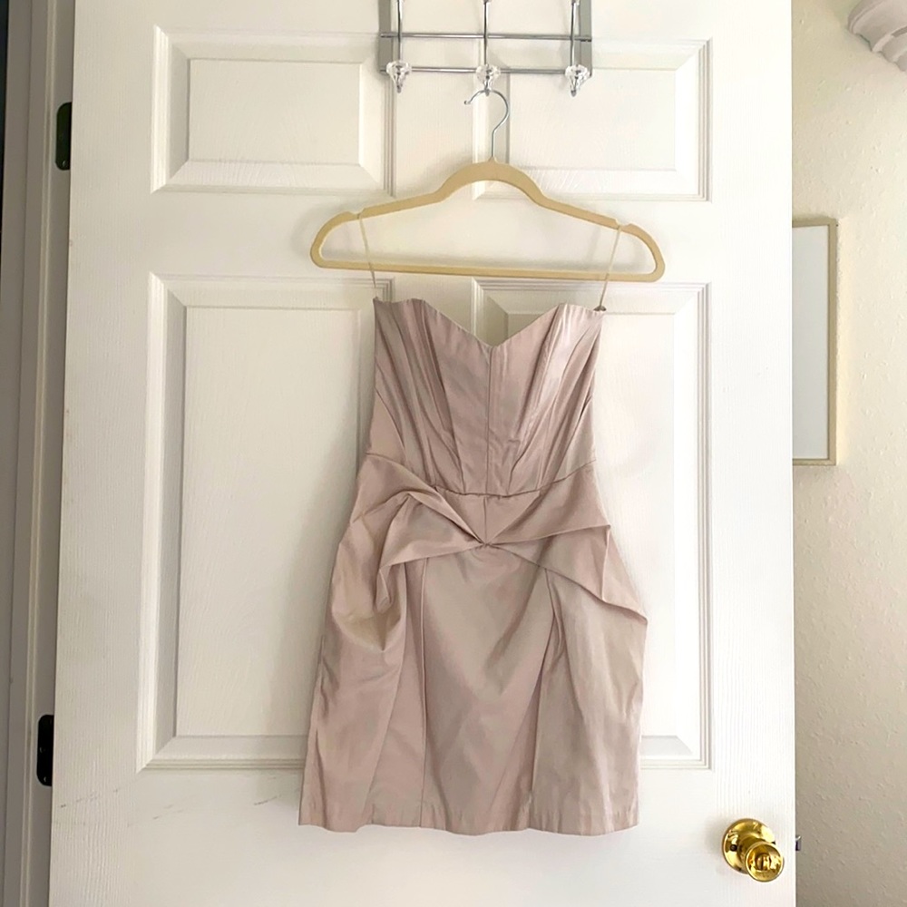 Silky cream colored strapless party dress
